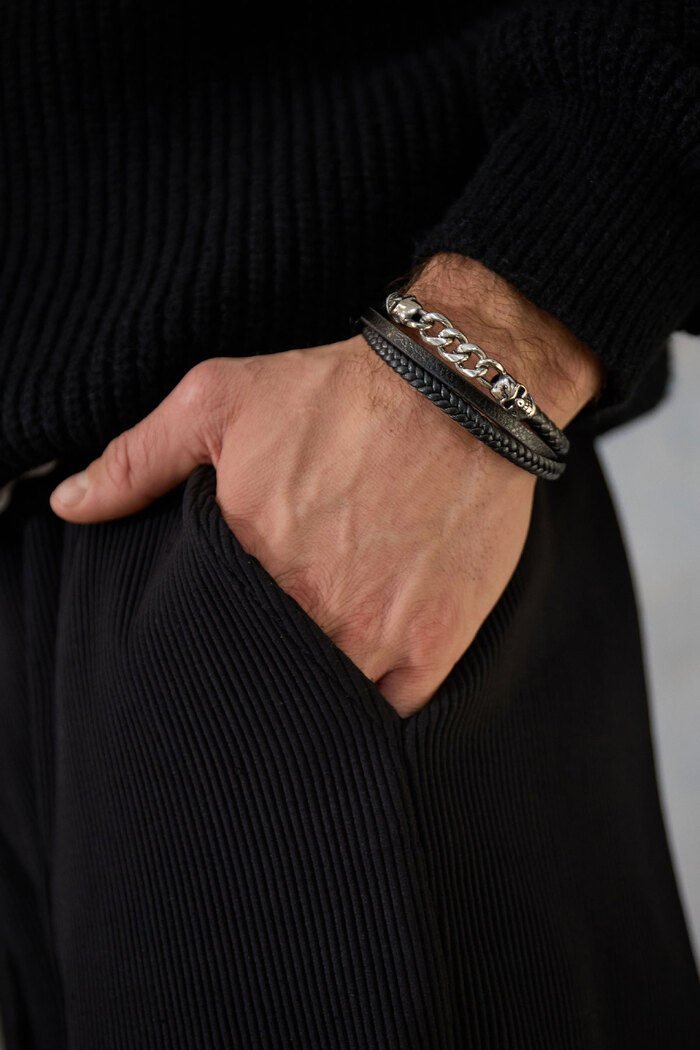 Heren armband gevlochten met schakels - zilver/zwart Afbeelding4